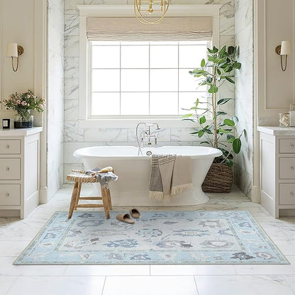 Fame Living Cream Blue Oushak Rug, Modern, Vintage, Turkish, Eclectic, Floral, Pastel, Washable, Area Rugs for Living Room, Dining, Bedroom, Office, Entryway, Foyer, Playroom, Nursery, 5'x6'9"