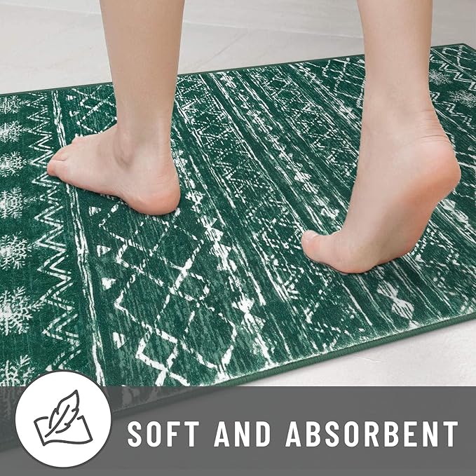 KUTA Christmas Rugs for Entryway, Green 2x3 Entrance Small Area Rug Non-Slip Washable, Ultra Soft Vintage Geometric Low-Pile Indoor Door Mat Floor Carpet for Kitchen