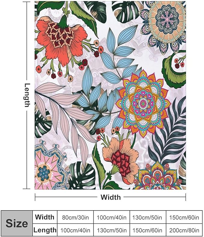 Boho Flowers Blanket for Women Girls, Rustic Bohemian Mandala Palm Leaves Plants Botanical Print Blanket for Bedroom Living Room Couch Sofa, 40"x50"