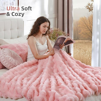 Smoofy Faux Fur Throw Blanket for Couch – Blush Pink Fluffy Cozy Rabbit Fleece, Plush Soft Bubble Blanket for Sofa & Bed, for Mom, Warm Fuzzy Home Room Decor Throw 60" x 80"
