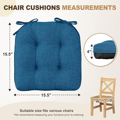 downluxe Indoor Chair Cushions for Dining Chairs, Tufted Overstuffed Textured Foam Kitchen Chair Pads with Ties and Non-Slip Backing, 15.5" x 15.5" x 4", Turquoize, 4 Pack