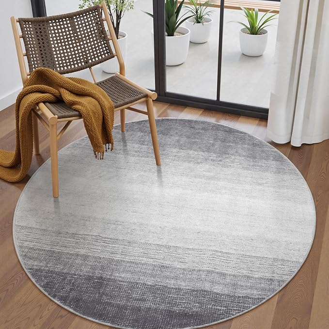 Wonnitar Modern Ombre Round Rug 4ft, Washable Grey Round Kitchen Area Rug Non-Slip Soft Circle Entry Throw Mat, Contemporary Non-Shedding Low Pile Carpet for Bedroom Laundry Bathroom (Grey, Round 4ft)