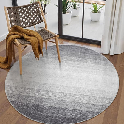 Wonnitar Modern Ombre Round Rug 4ft, Washable Grey Round Kitchen Area Rug Non-Slip Soft Circle Entry Throw Mat, Contemporary Non-Shedding Low Pile Carpet for Bedroom Laundry Bathroom (Grey, Round 4ft)