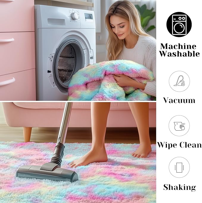 ONASAR Rainbow Area Rugs for Living Room Girls Bedroom, 5x8 Fluffy Rug, Washable Indoor Ultra Soft Plush Shaggy Large Floor Carpets for Nursery Kids Baby Girl Teen Dorm Playroom Home Decor Aesthetic