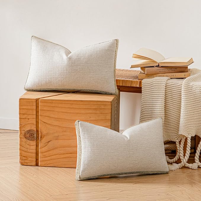 a moment Loop Yarn Linen-Like Pillow Cover Natural Soft Decorative Throw Pillow Case Farmhouse 12x20 Inch, Bohemian Textured Cushion Cover for Sofa Bed, Wrinkle-Resistant Home Decor Beige