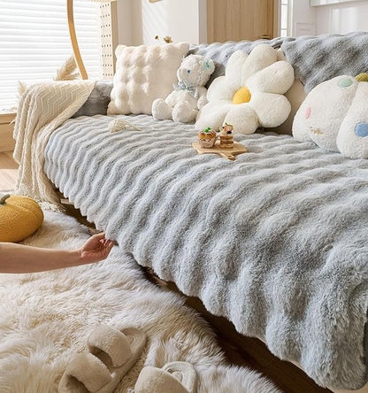 Faux Fur Couch Cover Fuzzy Soft Plush Thick Bubble Sofa Cover Luxury Sectional Couch Covers Luxury Anti-Slip Sofa Slipcover Washable Furniture Protector (Light Grey,36"x63")
