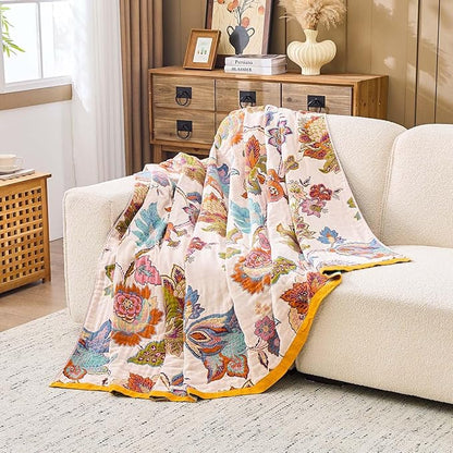Summer Throw Blanket for Bed, 80"x90" Boho Throw Blankets 100% Cotton Quilts Farmhouse Decoration Warm Soft Blanket Muslin Bed Blankets for Couch Chair