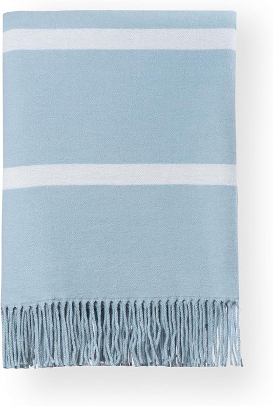Hofdeco Premium Coastal Decorative Throw Blanket for Patio Couch Sofa, Baby Blue White Pinstripes with Fringe, 52"x71"