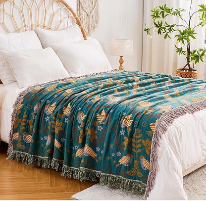 Yellow Boho Throw Blanket, 100% Cotton Blankets for Couch Bed, 60"x80"Cotton Quilt Travel Muslin Blankets Farmhouse Home Decor Soft Lightweight Picnic Blanket for Summer