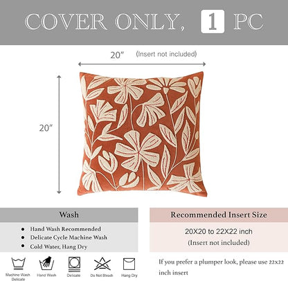 BlissBlush Fall Throw Pillow Cover 20x20, Rust Brick Red Soft Velvet Floral Decorative Accent Throw Pillowcase, Tufted Farmhouse Pillowcase for Couch Sofa Living Room Home Décor