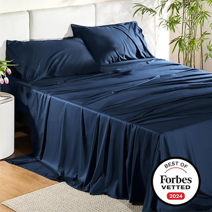 Bedsure California King Sheet Sets, Cooling Sheets for Hot Sleepers, Rayon Derived from Bamboo, Breathable & Soft, Deep Pocket Up to 16 Inches, Hotel Luxury Silky Bedding, Navy