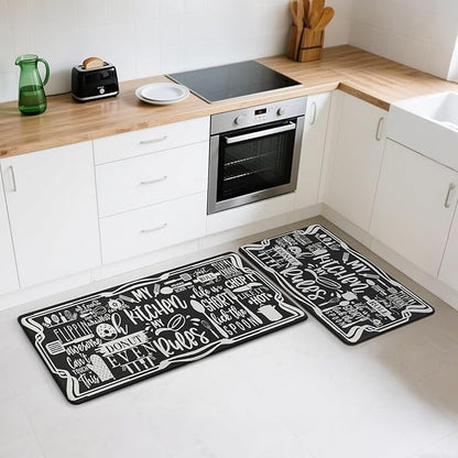 GENIMO Anti Fatigue Kitchen Mats for Floor, Non Slip Washable Kitchen Rules Theme Rugs sets of 2, Farmhouse Cushioned Waterproof Comfort Runner Rug for Kitchen, Sink, Laundry, 17"x 47"+17"x 30", Black