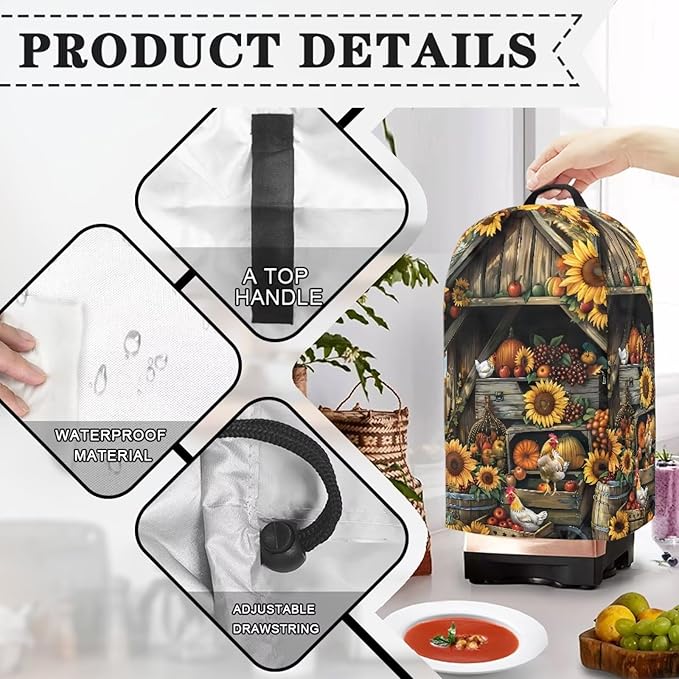 Sunflowers Wooden Shelves Blender Cover for Kitchen Chickens Small Appliance Dustproof Cover Washable Foldable Coffee Appliance Covers with Durable Handle
