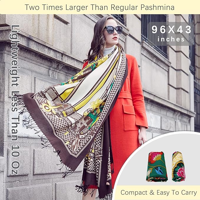 DANA XU 100% Merino Wool Extra Large Pashmina Blanket Travel Scarf Cashmere Wrap for Women Fall Winter Oversize Shawl Floral
