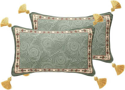 patdrea Designer Throw Pillow Covers Set of 2,French Elegant Green Linen with Curly Grass and Floral Pattern Pillow Covers,Decorative Lumbar Pillowcases Cushion for Bed Living Room Outdoor,12"x20"