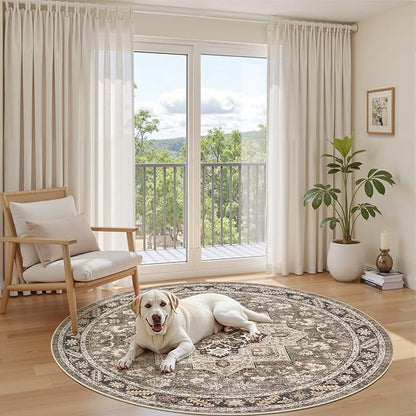 6ft Round Vintage Living Room Area Rug - 6x6 Large Soft Washable Oriental Traditional Distressed Farmhouse Rugs for Bedroom - Indoor Floor Accent Carpet for Home Office House Decor - Brown