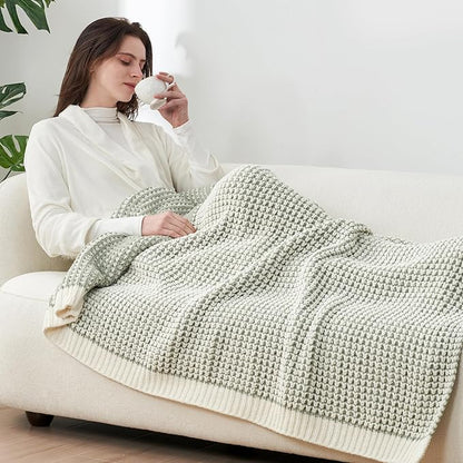 Amélie Home Waffle Chenille Throw Blanket for Couch, Pineapple Stitch Knit Soft Cozy Knit Blanket Decorative Throw for Sofa, Chair, 60 * 80", Sage Green&Ivory