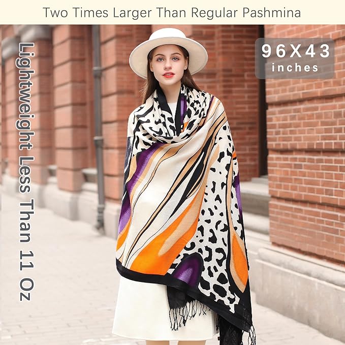 DANA XU 100% Merino Wool Pashmina Shawl for Women 96"x43", Oversized Cashmere Wrap with Tassels, Floral Travel Blanket Cape