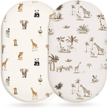Bassinet Sheets for Baby Girls Boys 2 Pack, Fitted Baby Mattress Sheet for Rectangle, Oval, Hourglass Bassinet Mattress, Breathable Cozy & Universal Fit (Safari Dreams)