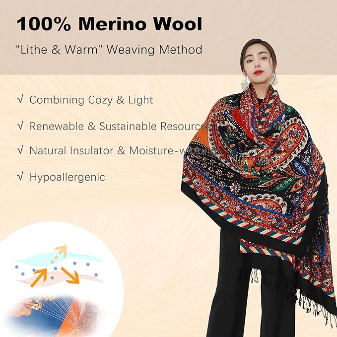 DANA XU 100% Merino Wool Pashmina Shawl for Women 96"x43", Oversized Cashmere Wrap with Tassels, Floral Travel Blanket Cape