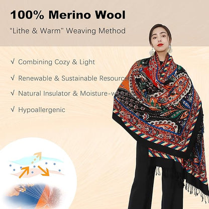 DANA XU 100% Merino Wool Pashmina Shawl for Women 96"x43", Oversized Cashmere Wrap with Tassels, Floral Travel Blanket Cape