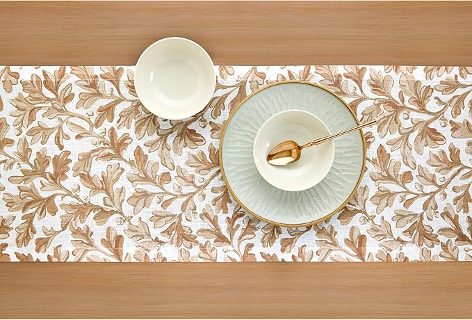 Solino Home 100% Pure Linen Fall Table Runner 90 Inches Long - Floral Print Table Runner 14 x 90 Inch for Autumn - Handcrafted and Machine Washable - Fallen Leaves Print