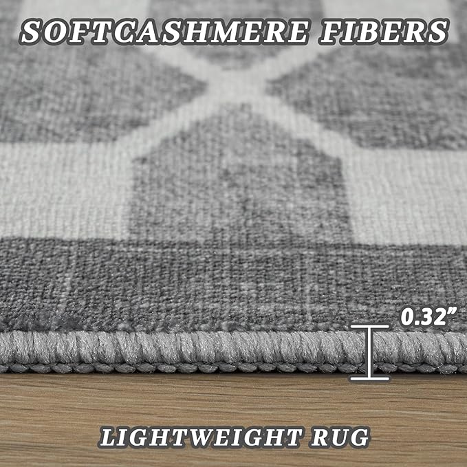 Area Rugs 6x9 Washable Rug, Non-Slip Rugs for Living Room, Low Pile Bordered Rugs Alfombras, Large Print Rubber Backing Indoor Carpet for Home Decor Bedroom Nursery Dining Room, Light Grey