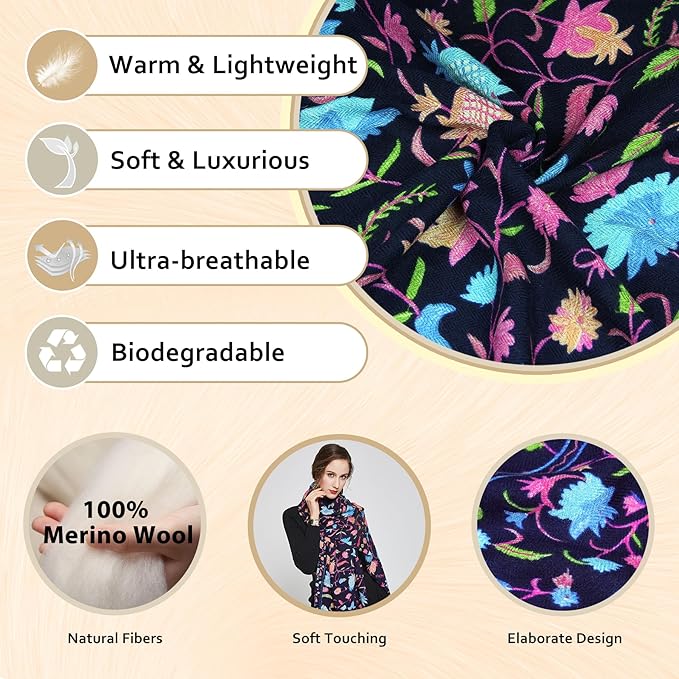 DANA XU 100% Merino Wool Extra Large Pashmina Blanket Travel Scarf Cashmere Wrap for Women Fall Winter Oversize Shawl Floral