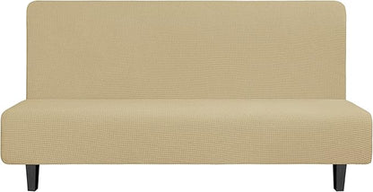 Easy-Going Stretch Futon Slipcover Armless Futon Bed Cover Furniture Protector Without Armrests with Elastic Bottom for Kids, Soft Jacquard Fabric Small Checks (Large, Beige)