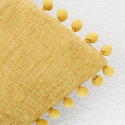 CaliTime Throw Pillow Covers Decorative 20 X 20 Inches Pack of 2 Cozy Solid Dyed Soft Chenille Cushion Cases with Pom Poms for Couch Sofa Bed Living Room Home Gold
