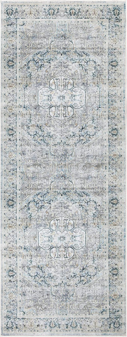 Bloom Rugs Washable Non-Slip 10 ft Runner - Cream/Light Blue/Teal Traditional Medallion Runner for Entryway, Hallway, Bathroom, and Kitchen - Exact Size: 2.5' x 10'