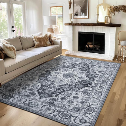 WILLSUN Washable Area Rugs, 3x5 Non-Slip Boho Large Area Rugs for Living Room, Bedroom, Machine Washable Vintage Rug, Indoor Floral Print Carpet for Home Decor, Kid & Pet Friendly Mat