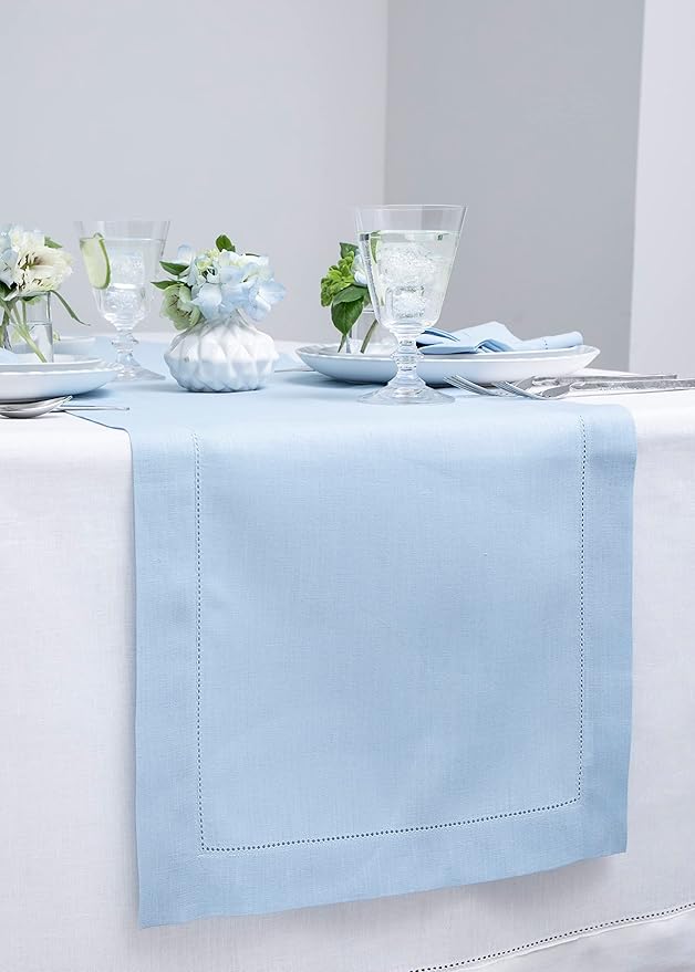 Solino Home Linen Sky Blue Table Runner 144 Inches Long - 100% Pure Linen Extra Long Table Runner 14 x 144 Inch for Christmas, New Year - Classic Hemstitch
