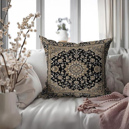 Vintage Boho Floral Print Throw Pillow Cover 18x18 - Brown, Black - Retro Rust Floral Decor Pillowcase | Indoor Outdoor Cushion Case for Sofa Bed Living Room Bedroom Home (Beige&Black, 18x18inch)