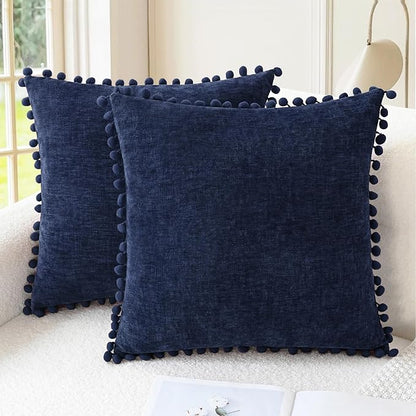 CaliTime Throw Pillow Covers Decorative 18 X 18 Inches Pack of 2 Cozy Solid Dyed Soft Chenille Cushion Cases with Pom Poms for Couch Sofa Bed Living Room Home Navy Blue