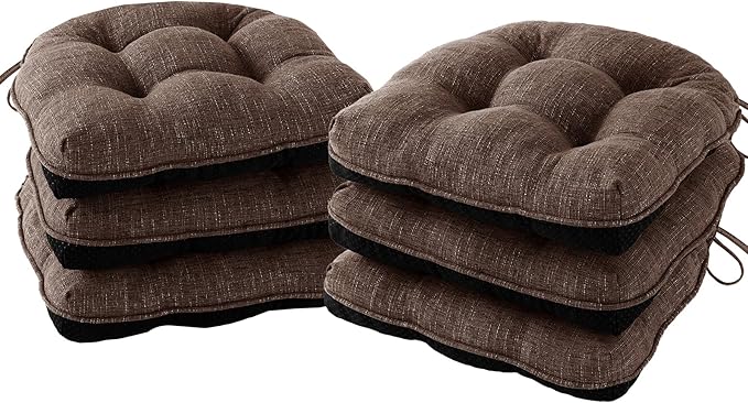 Chair Cushions for Dining Chairs Set of 6, Kitchen Chair Cushions, Chair Pads with Ties and Non Slip Backing, Tufted Memory Foam Seat Cushion 6 Pack, 15.5" x 15.5" x 4", Brown