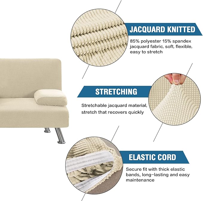 H.VERSAILTEX 4 Pieces Stretch Futon Covers Sofa Bed Slipcover with Removable Armrests and Cupholders Covers Furniture Protector High Spandex Small Checks Jacquard Fabric, Natural