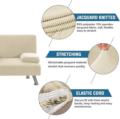 H.VERSAILTEX 4 Pieces Stretch Futon Covers Sofa Bed Slipcover with Removable Armrests and Cupholders Covers Furniture Protector High Spandex Small Checks Jacquard Fabric, Natural