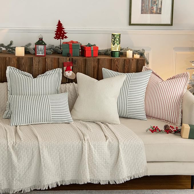 MIULEE Pack of 2 Christmas Red Pillow Covers 26x26 Inch Striped Farmhouse Couch Throw Pillow Covers with Fringe Chic Linen Decorative Cushion Eruo Sham for Sofa Living Room Bed Outdoor Home Decor