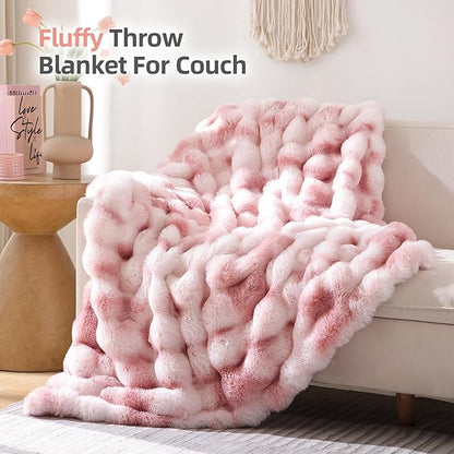 Smoofy Faux Fur Throw Blanket for Couch Rabbit Fleece - Tie-dye Pink Fluffy Blanket for Sofa Bedroom Living Room, Cozy Soft Plush Luxury Thick Winter Fuzzy Comfy Bubble Blanket - 60" x 80"