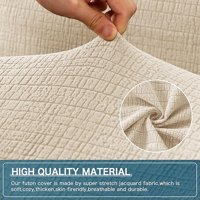H.VERSAILTEX 100% Waterproof Futon Covers, Leakproof Armless Sofa Covers, Stretch Jacquard Sofa Bed Cover, Washable Futon Slipcover Furniture Protector for Kids, Pets, Dog and Cat, Ivory