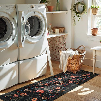 LIVEBOX Washable Runner Rug - Boho Floral 2x6 Kitchen Rug, Non-Slip Carpet Runners for Hallway 6ft, Soft Low-Pile Runner Rugs for Entryway Hallways Laundry Room Bedroom Farmhouse (2x6 ft, Black)