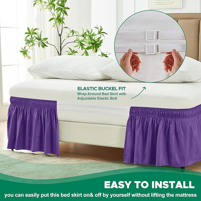 Biscaynebay Wrap Around Bed Skirts for Twin & Twin XL Beds 15" Drop, Purple Adjustable Elastic Dust Ruffles Easy Fit Wrinkle & Fade Resistant Silky Luxurious Fabric Machine Washable