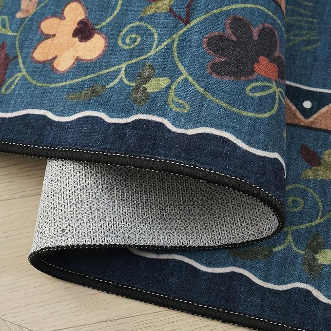 Rugcomf Area Rug 4x6 Rug Washable Boho Rugs Non Slip Low Pile Floral Animal Cat Small Carpet for Bedroom Bedside Kids Room Office Dining Room, Pearl Gentian Blue
