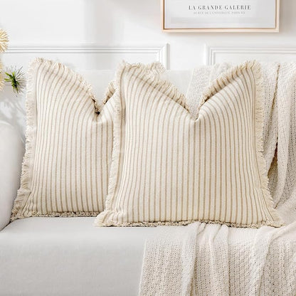 MIULEE Pack of 2 Khaki Pillow Covers 22x22 Inch Striped Farmhouse Couch Throw Pillow Covers with Fringe Chic Linen Decorative Cushion Covers for Sofa Living Room Bed Outdoor Home Decor