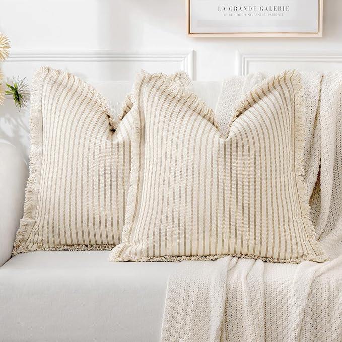 MIULEE Pack of 2 Khaki Pillow Covers 20x20 Inch Striped Farmhouse Couch Throw Pillow Covers with Fringe Chic Linen Decorative Cushion Covers for Sofa Living Room Bed Outdoor Home Decor