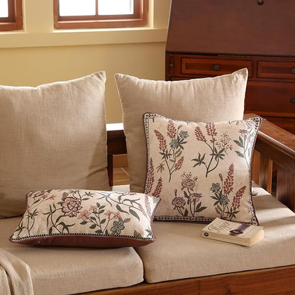 ISAENNE Design Linen Vintage Throw Pillow Covers 18"x18", Square Cushion Covers with Blue Pink Flowers Green Leaves Pattern Decoration Pillowcases for Bed,Living Room,Outdoor,Car