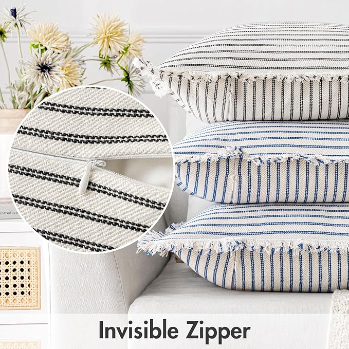 MIULEE Pack of 2 Black Pillow Covers 26x26 Inch Striped Farmhouse Couch Throw Pillow Covers with Fringe Chic Linen Decorative Cushion Eruo Sham for Sofa Living Room Bed Outdoor Home Decor
