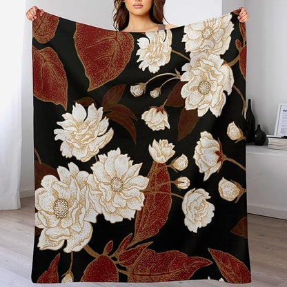 Red Gold Floral Blanket, Boho Dark Flower Leaves Chinese Plum Blossoms Botanical Vintage Throw Blanket for Bed Living Room Bedding Couch Soft Lightweight Warm Cozy Decor, 30"x40"