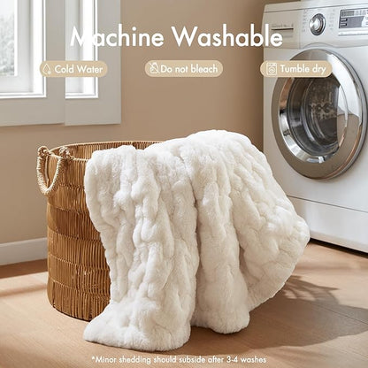 Madison Park Ruched Fur Luxury Throw Premium Soft Cozy Brushed Long Faux Fur For Bed, Couch or Sofa , 50x60" , Ivory